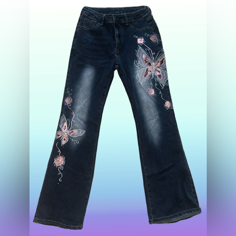 ROMWE Dark Wash Flare Jeans with Pink Butterfly Embroidery